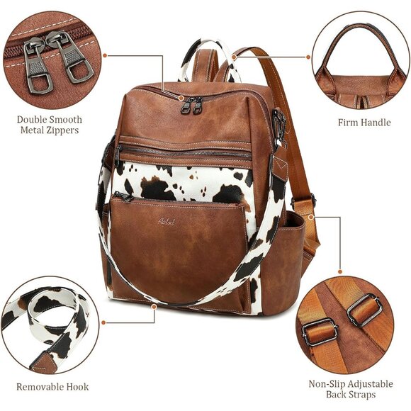 Leather Backpack Women Faux Leather Large Capacity Travel Work Daypack - Picture 2 of 7